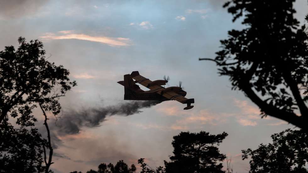 epa13109804 A Canadair firefighter airplane drops water during a fire in the Fontainebleau forest in Acheres-la-Foret, France, 13 July 2026 (issued 14 July 2026).  EPA/GAUTHIER BEDRIGNANS