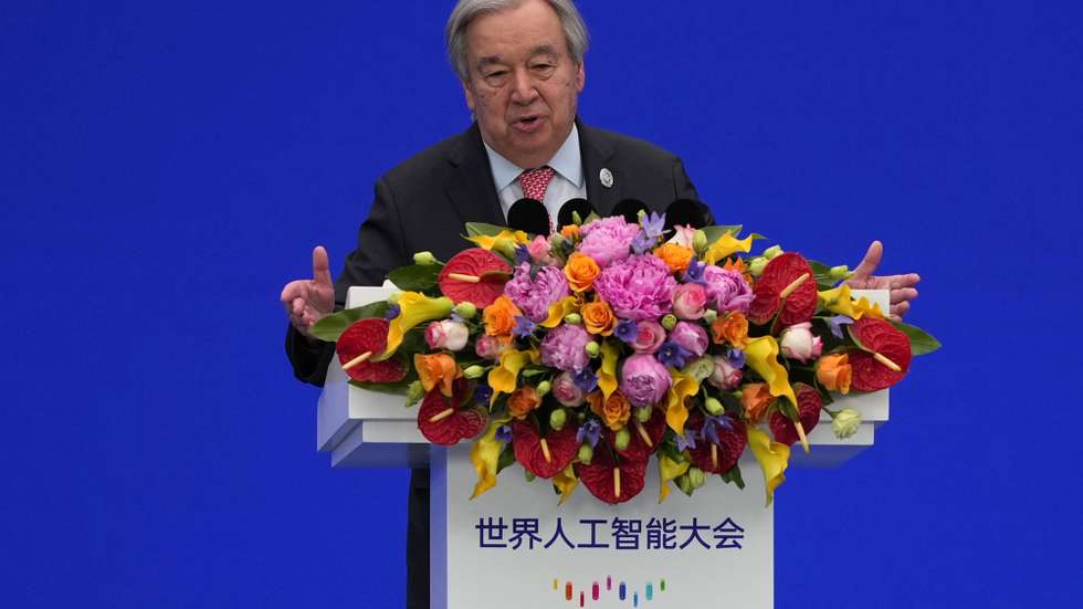 epa13116399 UN Secretary-General António Guterres speaks during the opening ceremony of the High-Level Meeting on Global Governance for the World AI Conference in Shanghai, China, 17 July 2026.  EPA/NG HAN GUAN / POOL