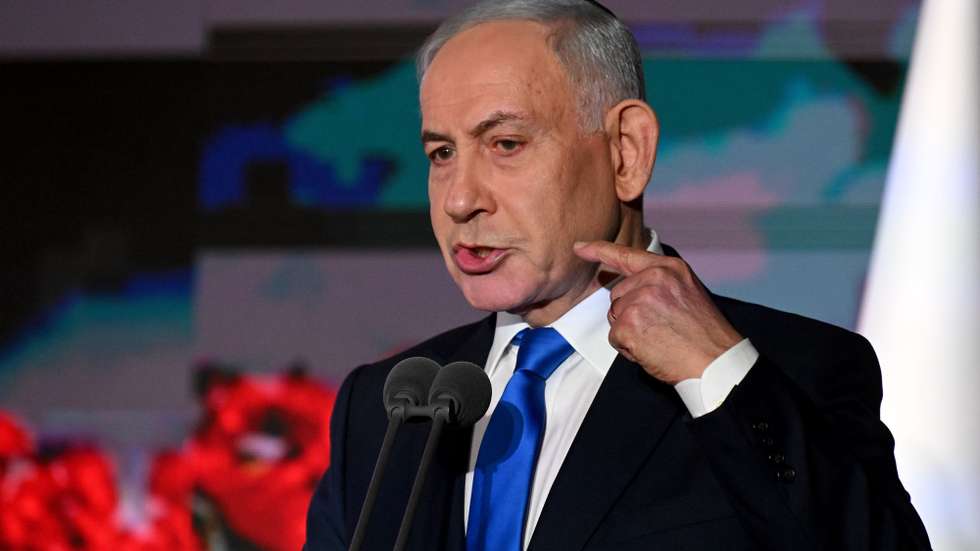 epa13282640 Israeli Prime Minister Benjamin Netanyahu speaks during a state memorial ceremony at Mount Herzl in Jerusalem, 05 October 2026, marking three years since the 07 October 2023 Hamas attack. The ceremony commemorates those killed in the attack and Israeli security personnel who have died since the start of the war.  EPA/DEBBIE HILL / POOL