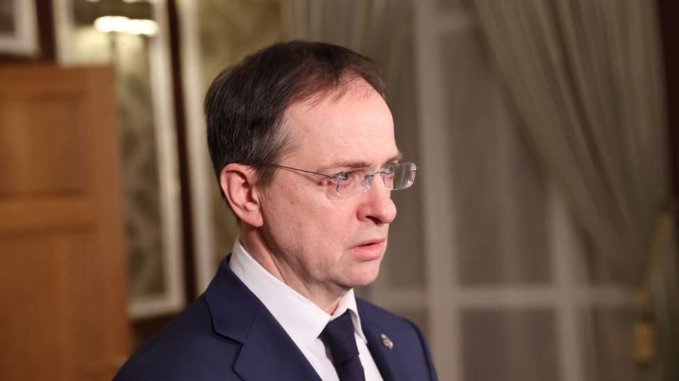 epa09792278 A handout photo made available by BelTA news agency shows shows Russian presidential aide Vladimir Medinsky speaking to media after attending Russia-Ukraine negotiations, at an undisclosed location in the Gomel region in Belarus, 28 February 2022. Talks between Russian and Ukrainian delegations on a ceasefire started 28 February. Russian troops entered Ukraine on 24 February prompting the country's president to declare martial law and triggering a series of severe economic sanctions imposed by Western countries on Russia.  EPA/SERGEI KHOLODILIN / BelTA  / HANDOUT MANDATORY CREDIT HANDOUT EDITORIAL USE ONLY/NO SALES