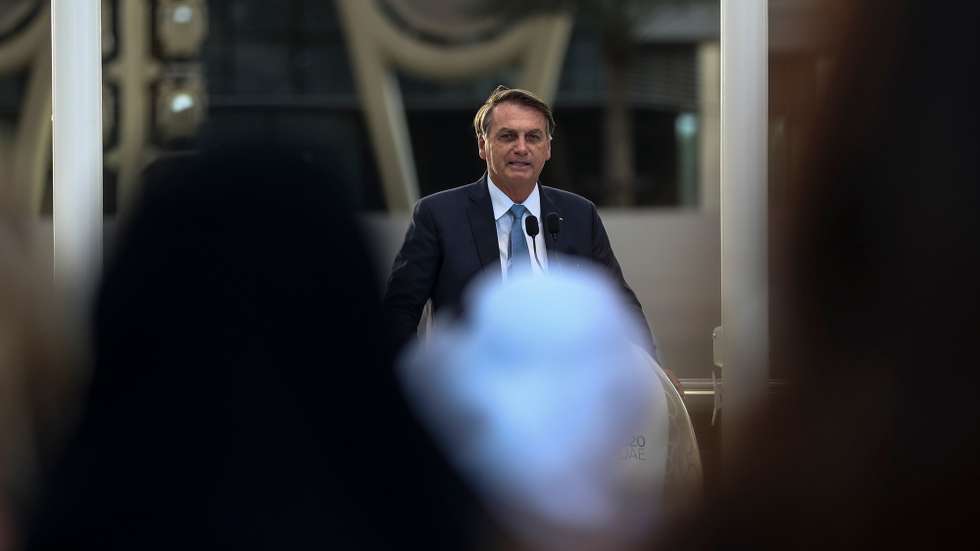 epa09583524 Brazilian President Jair Bolsonaro gives his speech during the ceremony on the occasion of the Brazilian National Day during the EXPO 2020 Dubai in Dubai, United Arab Emirates, 15 November 2021.  EPA/ALI HAIDER