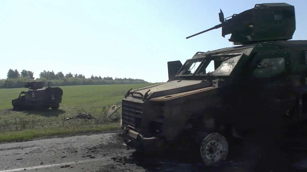 epa11557080 A still image taken from an undated handout video made available by the Russian Defence Ministry Press-Service on 20 August 2024 shows armored vehicles destroyed by Russian forces, reportedly used by Ukrainian forces during their military incursion into the Kursk region, Russia. According to the Russian Ministry of Defence, the Ukrainian Armed Forces have lost more than 4,100 troops over the entire period of fighting in the Kursk sector, and up to 350 troops in the past 24 hours. Russian authorities said that more than 121,000 people have been evacuated from areas of the Kursk region impacted by fighting since the start of the Ukrainian incursion.  EPA/RUSSIAN DEFENCE MINISTRY PRESS SERVICE HANDOUT -- MANDATORY CREDIT -- BEST QUALITY AVAILABLE --HANDOUT EDITORIAL USE ONLY/NO SALES