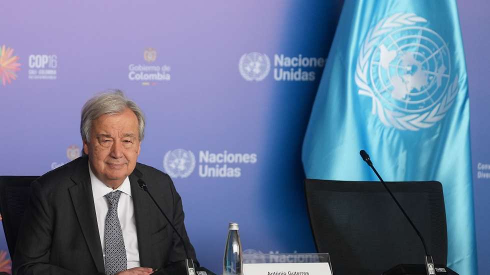epa11692814 UN Secretary-General Antonio Guterres speaks during a press conference in Cali, Colombia, 30 October 2024, during the United Nations Conference on Biodiversity (COP16). The 16th meeting of the Conference of the Parties to the Convention on Biological Diversity (COP 16) takes place in Cali, Colombia, from 21 October to 01 November 2024.  EPA/ERNESTO GUZMAN JR