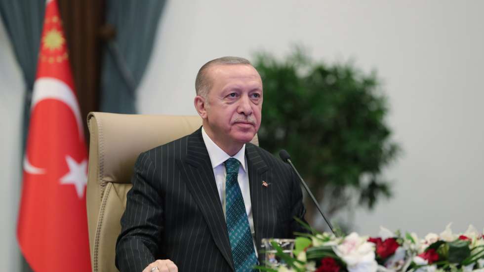 epa09065495 A handout picture provided by the Turkish President Press office shows Turkish President Recep Tayyip Erdogan taking part in a video conference with Russian President Putin (not pictured) during the groundbreaking ceremony of the 3rd unit of the Akkuyu Nuclear Power Plant in Ankara, Turkey, 10 March 2021. The Russian-built plant will be Turkey's first nuclear power plant on the Mediterranean coast.  EPA/TURKISH PRESIDENT PRESS OFFICE HANDOUT  HANDOUT EDITORIAL USE ONLY/NO SALES