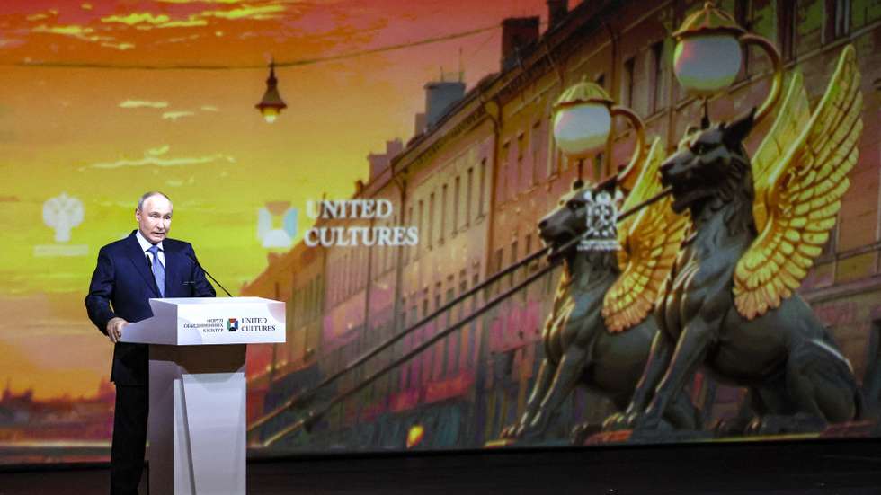 epa13262928 Russian President Vladimir Putin delivers his speech at the International United Cultures Forum in St. Petersburg, Russia, 25 September 2026. Representatives from 73 countries and seven international organizations took part in the 12th St. Petersburg International Forum of United Cultures.  EPA/ANATOLY MALTSEV