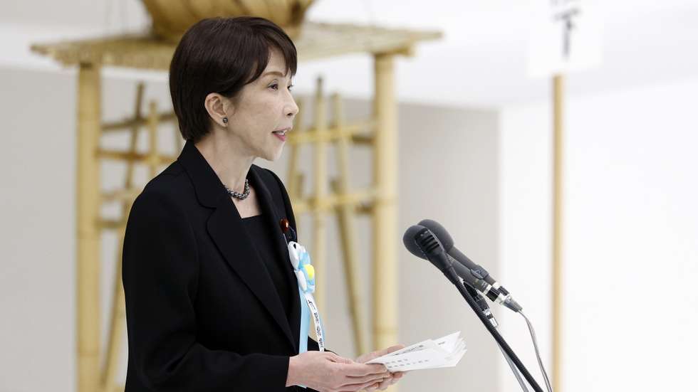 epa13170666 Japanese Prime Minister Sanae Takaichi delivers a speech during the National Memorial Ceremony for the War Dead in Tokyo, Japan, 15 August 2026, marking the 81st anniversary of the end of World War II. Some 3.1 million Japanese soldiers and civilians were killed during the war, almost 2.5 million of whom are enshrined at Yasukuni, including convicted WWII war criminals.  EPA/FRANCK ROBICHON