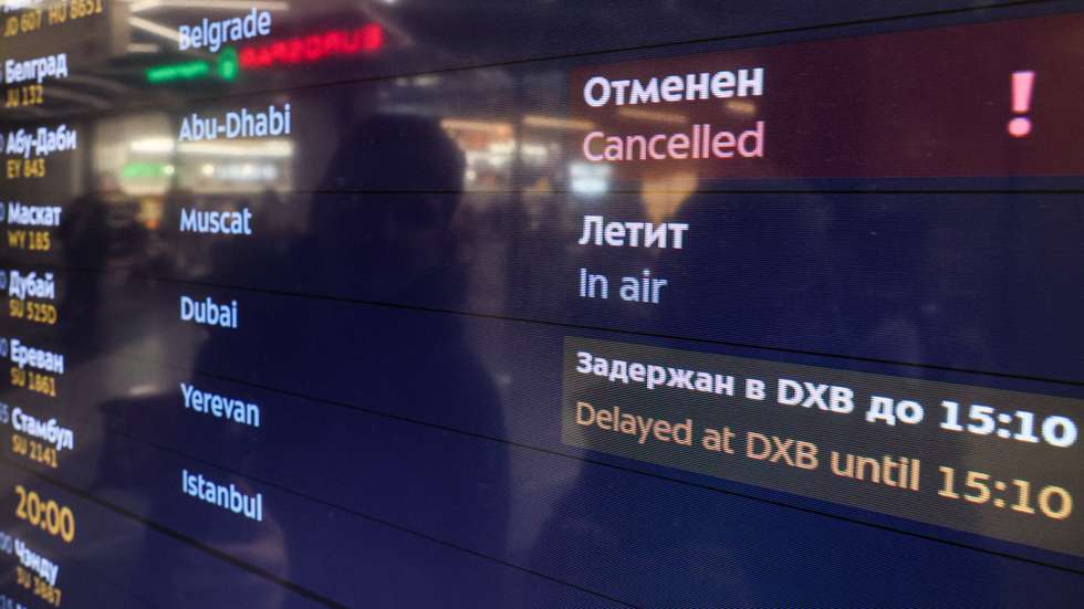 epa12791758 A screen showing updates on flights from Abu Dhabi and Dubai is seen at the Sheremetyevo International Airport outside Moscow, Russia, 03 March 2026. Russian Airlines Aeroflot has announced the start of outbound flights from the UAE after suspending flights to the Middle East amid the military operation by Israel and the United States against Iran. Three of the company's aircraft will fly from Dubai and Abu Dhabi to Moscow on 03 March, the Aeroflot press service said.  EPA/MAXIM SHIPENKOV
