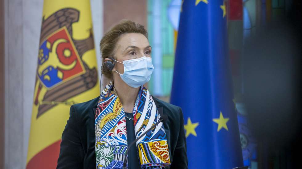 epa09597701 Marija Pejcinovic Buric, the Secretary General of the Council of Europe, speaks at a briefing with the President of Moldova Maia Sandu (not seen), during her official visit in Chisinau, Moldova, 22 November 2021.  EPA/DUMITRU DORU