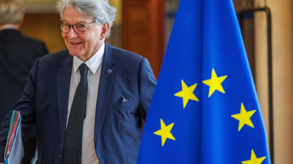 epa11421808 European Commissioner for Internal Market Thierry Breton arrives at the European weekly Commission college meeting in Brussels, Belgium, 19 June 2024. The Commissioners Meeting will be followed by a press conference on the 2024 European Semester Spring package.  EPA/OLIVIER MATTHYS