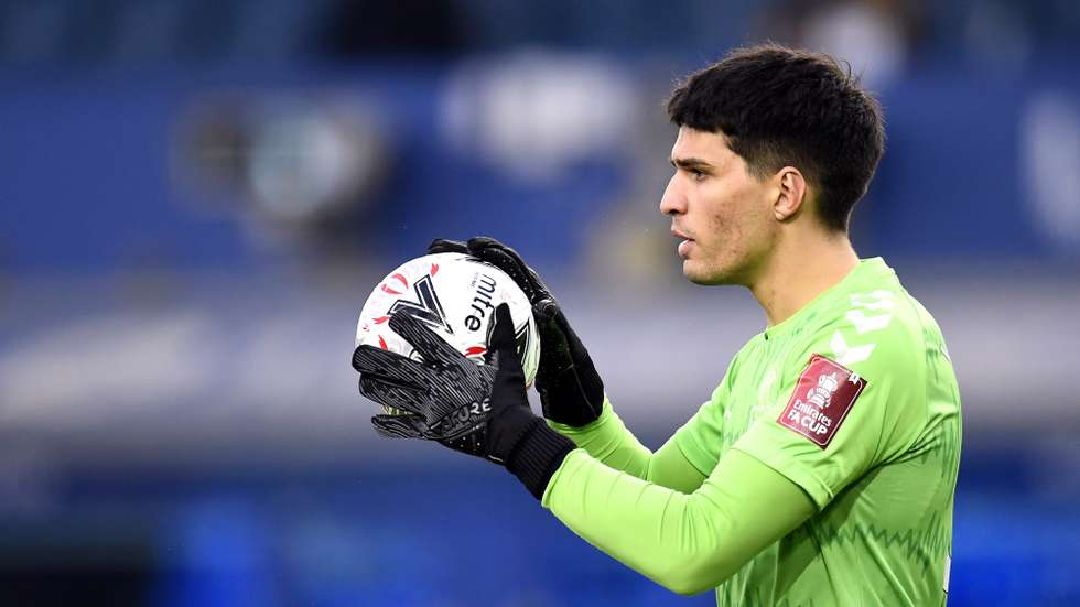epa09086544 Everton's goalkeeper Joao Virginia reacts during the English FA Cup quarter final soccer match between Everton FC and Manchester City in Liverpool, Britain, 20 March 2021.  EPA/Peter Powell / POOL EDITORIAL USE ONLY. No use with unauthorized audio, video, data, fixture lists, club/league logos or 'live' services. Online in-match use limited to 120 images, no video emulation. No use in betting, games or single club/league/player publications.