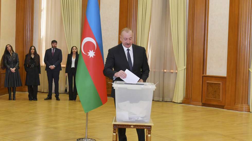 epa11133285 A handout photo made available by the Azerbaijan Presidential press-service shows Azerbaijan President Ilham Aliyev (R), First Lady Mehriban Aliyeva (L) and family members voting during an extraordinary presidential election at a polling station in Khankendi, Azerbaijan, 07 February 2024. According to Azerbaijani legislation, the president of the republic is elected for a term of seven years. Current President Ilham Aliyev has led Azerbaijan since 2003, and in the last elections held 2018 he won 86 percent of the votes.  EPA/AZERBAIJAN PRESIDENT PRESS-SERVICE HANDOUT HANDOUT EDITORIAL USE ONLY/NO SALES HANDOUT EDITORIAL USE ONLY/NO SALES HANDOUT EDITORIAL USE ONLY/NO SALES