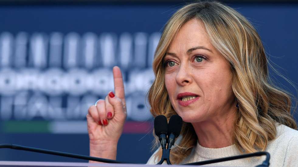 epa11034339 Italian Prime Minister Giorgia Meloni speaks during the last day of the Atreju 2023 political festival in the gardens of Castel Sant'Angelo in Rome, Italy, 17 December 2023. The Atreju political festival in Rome was organized by Italian Prime Minister Meloni and her right-wing party, Brothers of Italy. The theme of this year's edition is 'Welcome Back Italian Pride' (Bentornato orgoglio italiano).  EPA/FABIO CIMAGLIA
