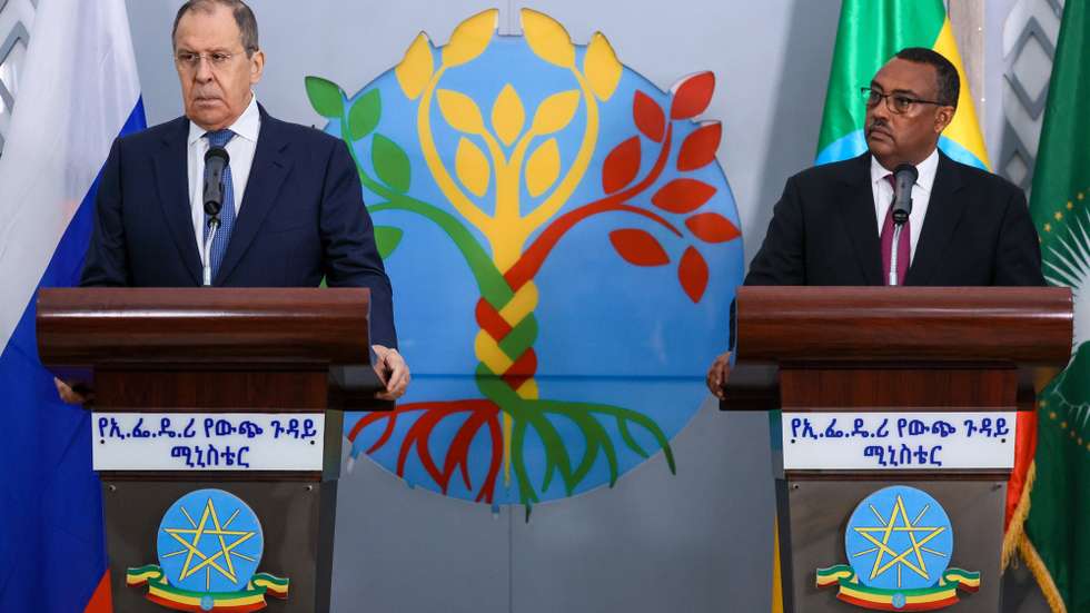 epa10093692 A handout photo made available by the press service of the Russian Foreign Affairs Ministry shows Russian Foreign Minister Sergei Lavrov (L) and Foreign Minister of Ethiopia Demeke Mekonnen Hassen (R) attend a press conference during their meeting in Addis Abeba, Ethiopia, 27 July 2022. Russian Foreign Minister is on a working visit in Ethiopia.  EPA/RUSSIAN FOREIGN AFFAIRS MINISTRY HANDOUT MANDATORY CREDIT HANDOUT EDITORIAL USE ONLY/NO SALES