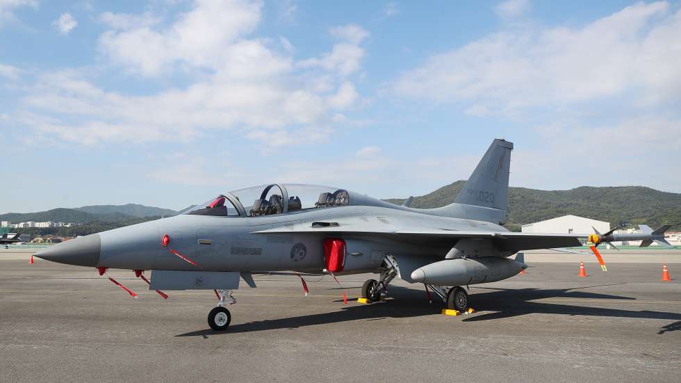 epa09529606 A South Korean-made FA-50 jet fighter is displayed at the Seoul International Aerospace and Defense Exhibition (ADEX) 2021 at Seoul Air Base, east of Seoul, South Korea, 18 October 2019. The annual expo runs untill 23 October.  EPA/YONHAP SOUTH KOREA OUT