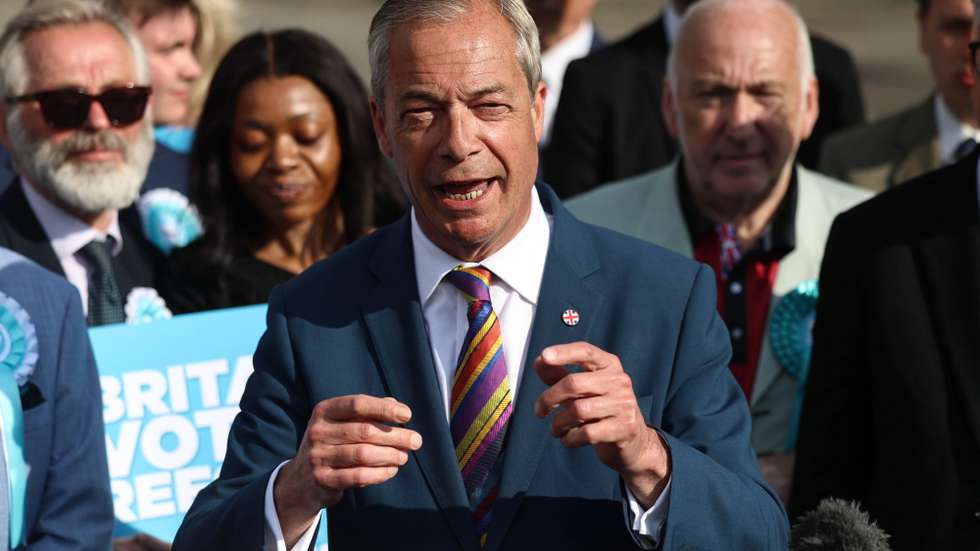 epa12940655 Reform Party leader Nigel Farage speaks at Havering Town Hall in London, Britain, 08 May 2026. Local elections took place across the United Kingdom on 07 May 2026. Early results show gains by Reform and a number of losses for the Labour Party.  EPA/NEIL HALL