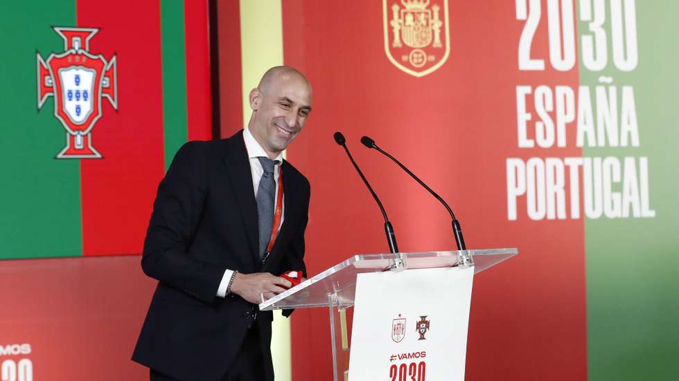 epa09248586 A handout photo made available by Portuguese Football Federation (FPF) show's President of the Spain Soccer Federation (RFEF), Luis Rubiales during the formalisation of the candidature of the two countries for the 2030 World Cup, Madrid, Spain, 4 de June 2020. The Football Federations of Portugal and Spain today made official their joint bid to host the 2030 FIFA World Cup.  EPA/PEDRO GONZALEZ  HANDOUT EDITORIAL USE ONLY/NO SALES
