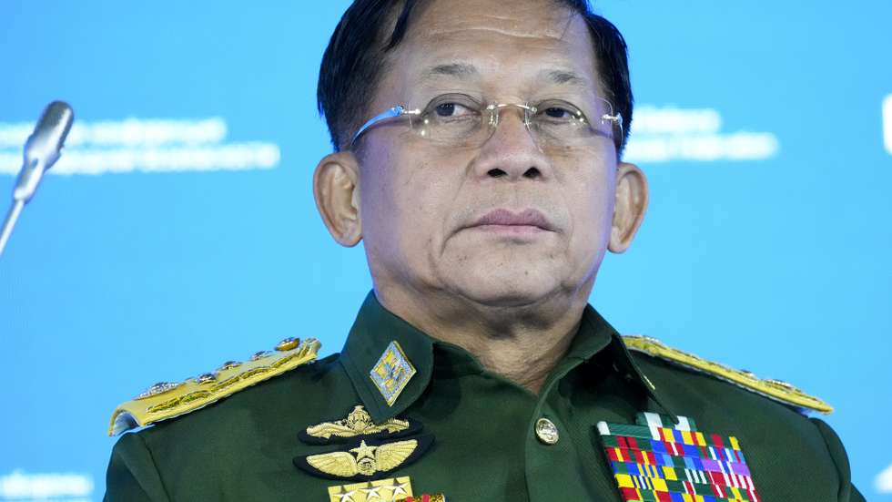 epa11491668 Commander-in-Chief of Myanmar's armed forces, Senior General Min Aung Hlaing delivers his speech at the IX Moscow conference on international security in Moscow, Russia, 23 June 2021. According to a statement released by the Junta Information Team on 22 July 2024, the duties of Myanmar's Acting President U Myint Swe have been transferred to State Administration Council (SAC) Chairman Min Aung Hlaing. Acting President U Myint Swe is on medical leave due to an unspecified health condition.  EPA/ALEXANDER ZEMLIANICHENKO / POOL *** Local Caption *** 56993105