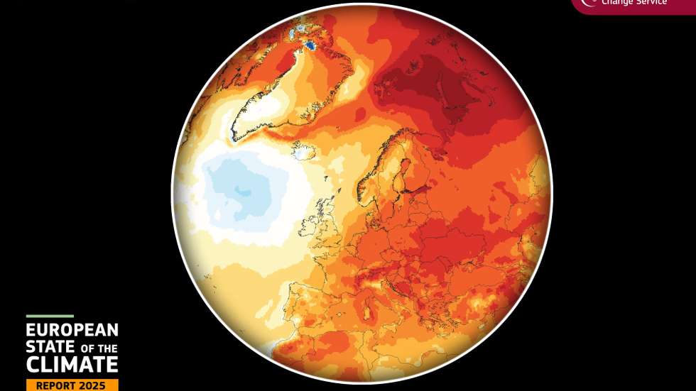 Imagem que acompanha o relatório sobre o Estado do Clima na Europa 2025 divulgado pelo Serviço de Alterações Climáticas do Copernicus (C3S) da União Europeia, 29 de abril de 2026. A temperatura em 2025 esteve acima da média em 95% do continente europeu e a temperatura da superfície do mar, na região europeia, foi a mais elevada de sempre, revela um relatório divulgado hoje. O relatório aponta também para a maior área ardida de sempre, resultado dos incêndios florestais, para caudais de rios constantemente abaixo da média e para tempestades e inundações e Portugal aparece ao lado da Europa quanto aos incêndios florestais, com uma das maiores áreas ardidas de sempre, mas em contraciclo com o resto do continente quanto à seca, já que teve um ano excecionalmente húmido. UNIÃO EUROPEIA / COPERNICUS / LUSA
