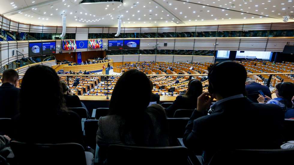 epa11270040 General view of the hemicycle during a debate on Migration and Asylum package at EU Parliament plenary session in Brussels, Belgium, 10 April  2024. Migration and Asylum pack will be the main topics of the session. The EU wants to reform its immigration rules but MEPs may reject the pact at the session.  EPA/OLIVIER HOSLET