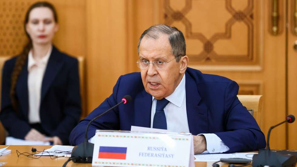 epa10038584 A handout photo made available by the press service of the Russian Foreign Affairs Ministry shows Russian Foreign Minister Sergei Lavrov (R) speaking during the Caspian states Foreign Ministers meeting in Ashgabat, Turkmenistan, 28 June 2022. The Caspian states foreign ministers meeting is held ahead of the Sixth Caspian Summit which will be held in Ashgabat on 29 June 2022.  EPA/RUSSIAN FOREIGN AFFAIRS MINISTRY / HANDOUT MANDATORY CREDIT HANDOUT EDITORIAL USE ONLY/NO SALES