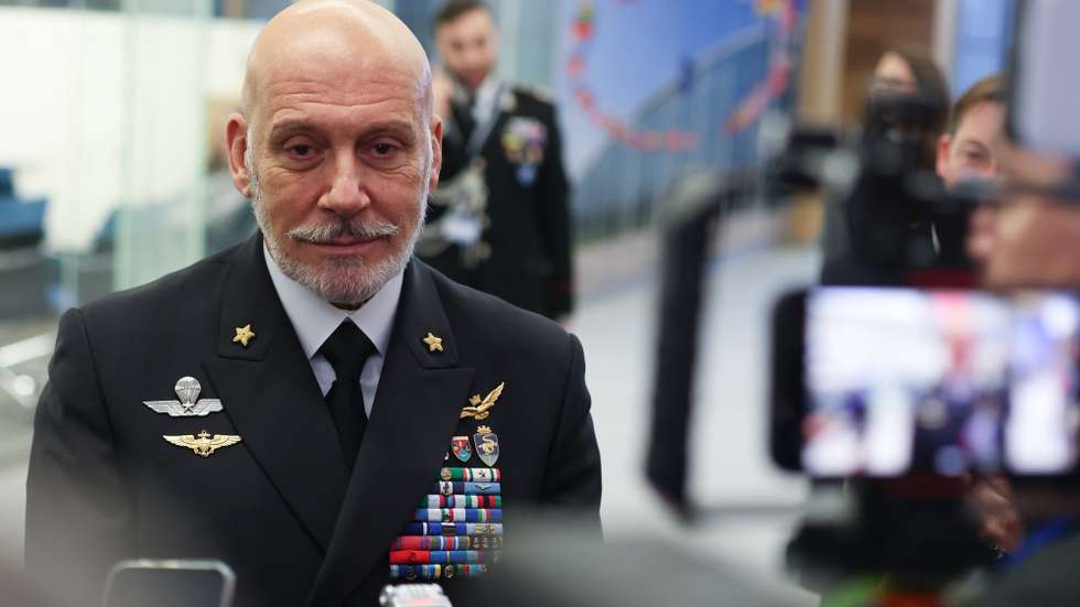 epa11890442 NATO Military Committee Chairman, Italian Admiral Giuseppe Cavo Dragone speaks to media ahead of a North Atlantic Treaty Organization (NATO) Defense Ministers' meeting at the alliance's headquarters in Brussels, Belgium, 12 February 2025.  EPA/OLIVIER HOSLET