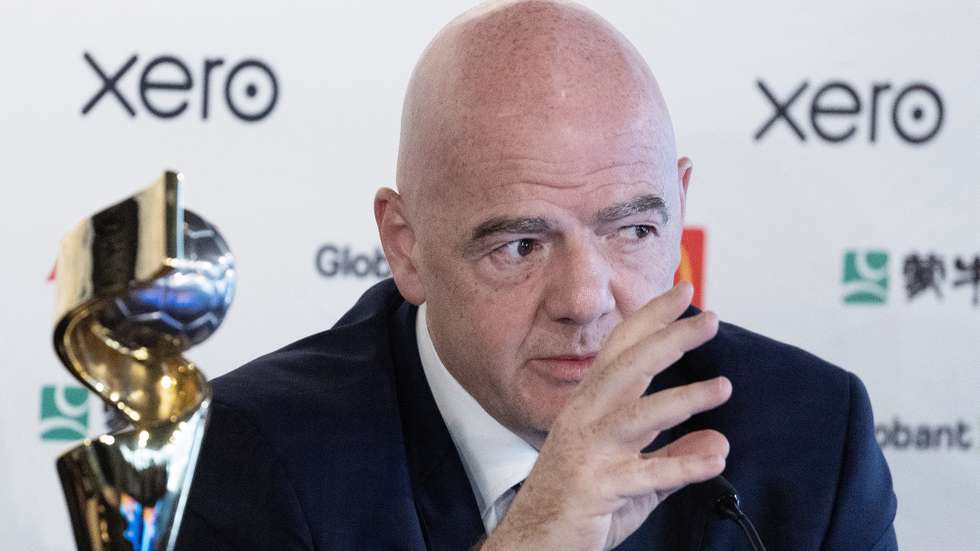 epa10754504 President of the Federation Internationale de Football Association (FIFA) Gianni Infantino speaks to reporters during a press conference ahead of the FIFA Women's World Cup in Auckland, New Zealand, 19 July 2023. Australia and New Zealand will co-host the FIFA Women's World Cup beginning on 20 July to 20 August 2023  EPA/HOW HWEE YOUNG