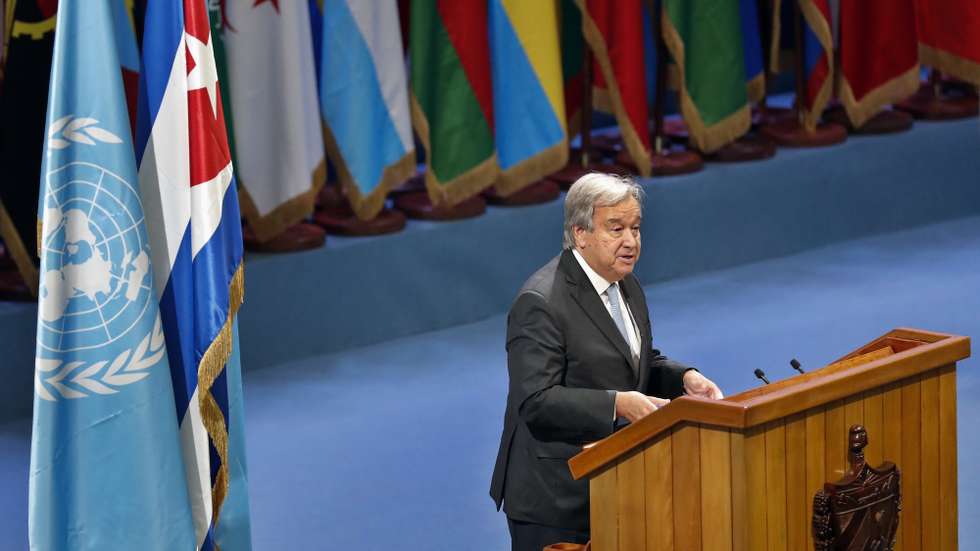 epa10862859 United Nations Secretary General Antonio Guterres delivers a speech during the opening of the G77+China summit in Havana, Cuba, 15 September 2023. South-South cooperation in the field of science, technology and innovation is the main theme of the summit of the Group of 77 and China (G77+China), convened by the Cuban government, which this year holds the rotating presidency of this group, the largest organization of countries within the framework of the United Nations.  EPA/ERNESTO MASTRASCUSA