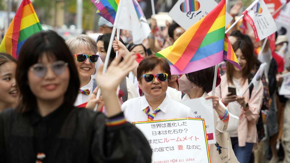epa11291084 Supporters of the lesbian, gay, bisexual, and transgender (LGBTQ+) community take part in the Tokyo Rainbow Pride Parade on the streets of Tokyo, Japan, 21 April 2024. Thousands of participants and supporters of the LGBTQ+ community marched the streets in Tokyo's Shibuya district to spread awareness about a society free of prejudice and discrimination.  EPA/FRANCK ROBICHON