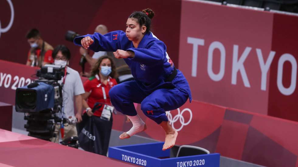 A judoca portuguesa Patricia Sampaio em ação durante o primeiro combate na categoria de -78 kg, com a venezuelana, Karen Leon nos Jogos Olimpicos de Tóquio2020, no Nipon Budokan de Tóquio, Japão, 29 de julho de 2021. TIAGO PETINGA/LUSA
