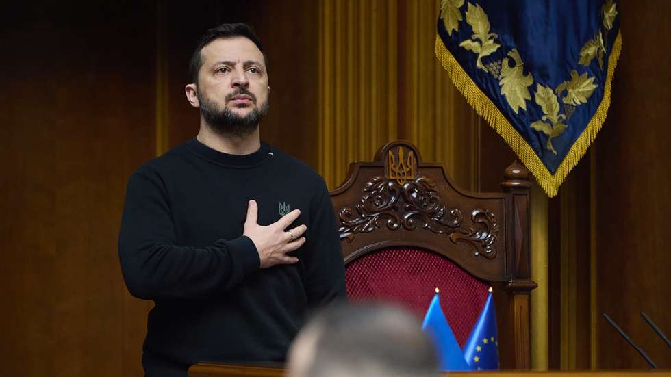 epa11728721 A handout photo made available by the Presidential Press Service showing Ukraine's President Volodymyr Zelensky presenting his plan of resistance to the Ukrainian parliament in Kyiv, Ukraine, 19 November. Zelensky said that Ukraine will never give in to Russia's aggression as it marks 1,000 days since the Kremlin launched a full-scale invasion of the country.  EPA/HANDOUT HANDOUT EDITORIAL USE ONLY/NO SALES
