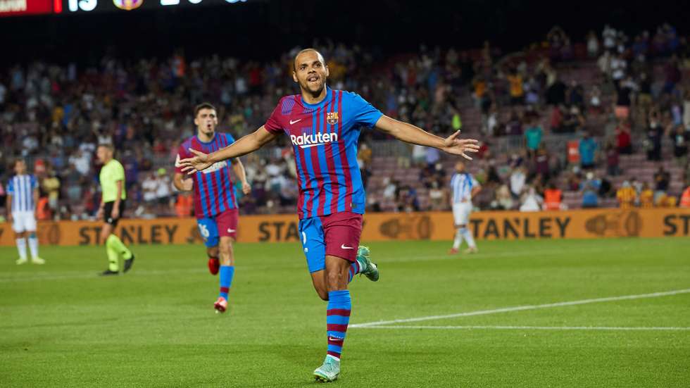 epa09415775 FC Barcelona's Martin Braithwaite celebrates after scoring the 3-0 lead during a Spanish LaLiga soccer match between FC Barcelona and Real Sociedad at Camp Nou in Barcelona, Spain, 15 August 2021.  EPA/Alejandro Garcia