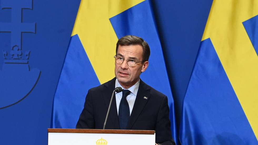 epa11174883 Swedish Prime Minister Ulf Kristersson speaks during a joint press conference with the Hungarian prime minister following their meeting in the government headquarters in Budapest, Hungary, 23 February 2024.  EPA/Zoltan Mathe HUNGARY OUT