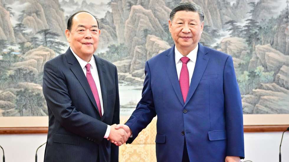 epa11783807 Chinese President Xi Jinping meets with Ho Iat Seng, the outgoing chief executive of the Macao Special Administrative Region (SAR), in Macao, south China 18 December 2024. Xi arrived in Macao on Wednesday afternoon to attend a gathering celebrating the 25th anniversary of Macao's return to China and the inauguration ceremony of the sixth-term government of the Macao Special Administrative Region (SAR).  EPA/XINHUA / Yan Yan CHINA OUT / UK AND IRELAND OUT  /       MANDATORY CREDIT EDITORIAL USE ONLY