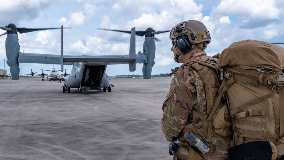 epa07818190 A handout photo made available by the Defense Visual Information Distribution Service shows shows an Airman from the US Air Force's Crisis Response Group preparing to board a Marine Corps MV-22 Osprey for disaster relief efforts in the Bahamas, at Homestead Air Reserve Base in Florida, USA 04 September 2019.  EPA/LIONEL CASTELLANO HANDOUT  HANDOUT EDITORIAL USE ONLY/NO SALES