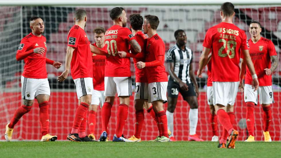 Benfica's players celebrate after scoring a goal against Portimonense during their Portuguese First League soccer match held at Luz Stadium, Lisbon, Portugal, 29th December 2020.  ANTONIO COTRIM/LUSA