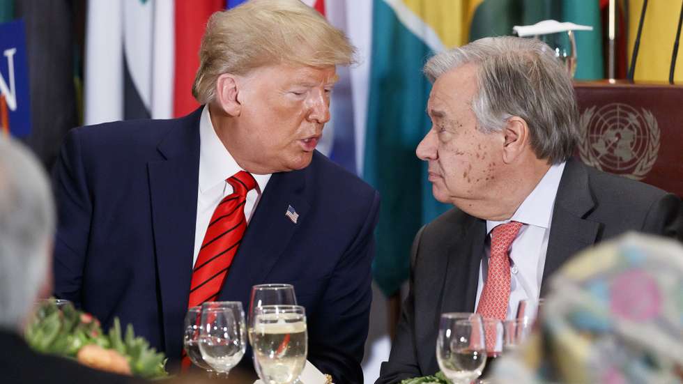 epa07867004 US President Donald J. Trump (L) and United Nations Secretary-General Antonio Guterres (R) talk at the start of an annual luncheon for heads of state on the sidelines the general debate of the 74th session of the General Assembly of the United Nations at United Nations Headquarters in New York, New York, USA, 24 September 2019. The annual meeting of world leaders at the United Nations runs until 30 September 2019.  EPA/JUSTIN LANE