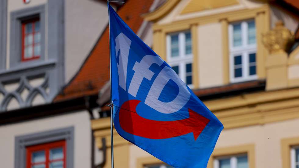 epa13189416 A flag flies during a campaign event by Ulrich Siegmund, lead candidate of the far-right Alternative for Germany (AfD), prior to state elections in Saxony-Anhalt, in Naumburg, Germany, 24 August 2026. The state of Saxony-Anhalt will hold its state parliamentary election on 06 September 2026.  EPA/HANNIBAL HANSCHKE