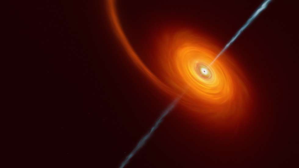epa10339214 A handout photo made available by the European Southern Observatory (ESO) shows an artist's impression illustrating how it might look when a star approaches too close to a black hole, where the star is squeezed by the intense gravitational pull of the black hole (issued 30 November 2022). Some of the star's material gets pulled in and swirls around the black hole forming the disc that can be seen in this image. In rare cases, such as this one, jets of matter and radiation are shot out from the poles of the black hole. In the case of the AT2022cmc event, evidence of the jets was detected by various telescopes including the VLT, which determined this was the most distant example of such an event.  EPA/ESO/M.Kornmesser / HANDOUT  HANDOUT EDITORIAL USE ONLY/NO SALES