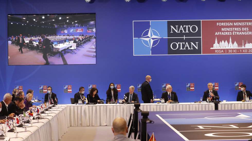 epa09614388 A general view during a meeting of the North Atlantic Council (NAC) at the level of Foreign Affairs Ministers in Riga, Latvia, 01 December 2021. Latvia is hosting on 30 November and 01 December a NATO Foreign Ministers meeting for the first time. To address current security challenges, NATO Allies are exchanging views on cooperation with partner countries and the European Union, and also begin their discussions on a new strategic concept for the Alliance.  EPA/TOMS KALNINS