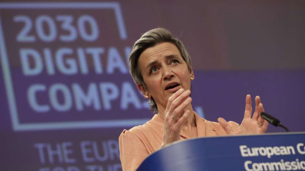 epa09063987 European Executive Vice-President Margrethe Vestager gives a press conference on 2030 Digital compass following weekly meeting of EU Commission in Brussels, Belgium, 09 March 2021.  EPA/OLIVIER HOSLET / POOL