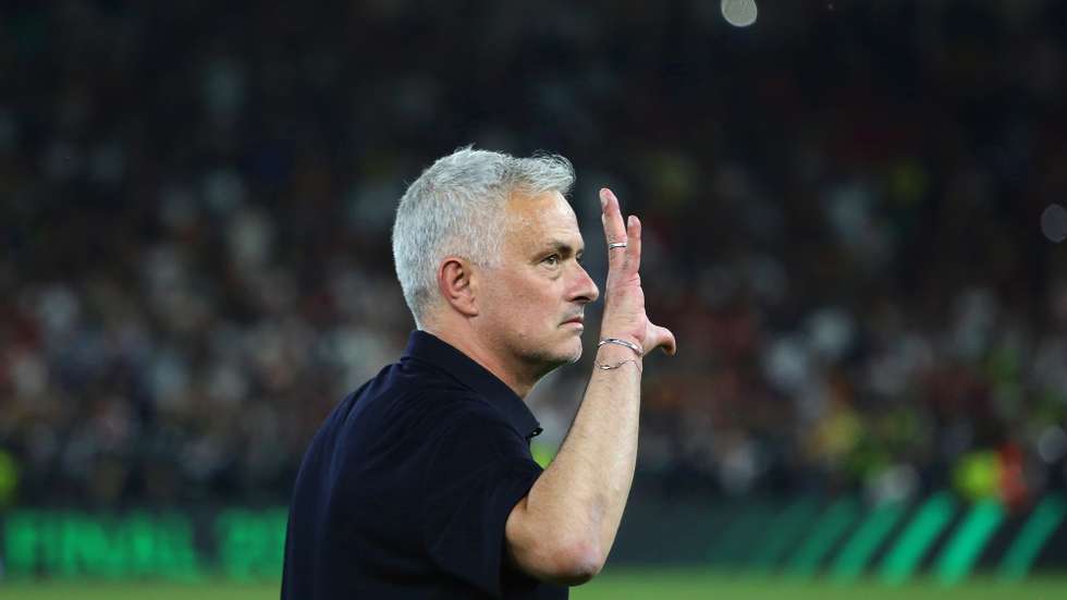 epa09975913 Roma&#039;s head coach Jose Mourinho reacts after winning the UEFA Europa Conference League final between AS Roma and Feyenoord Rotterdam at National Arena in Tirana, Albania, 25 May 2022.  EPA/Malton Dibra