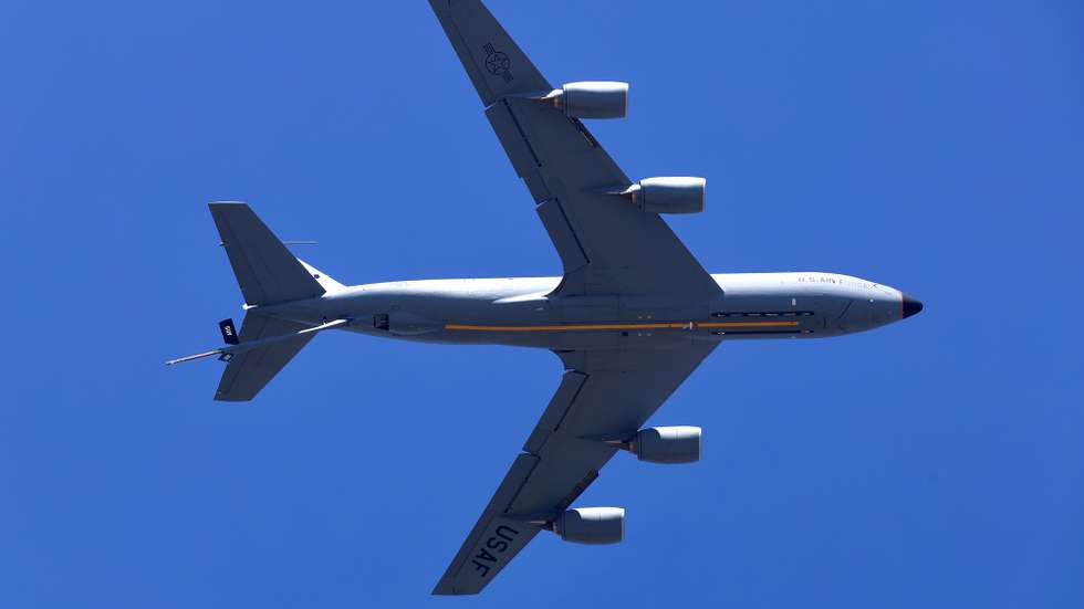 epa11888689 A United States Air Force's (USAF) KC-135 Stratotanker aircraft performs during the 15th 'Aero India' air show at the Yelahanka Air Force Station in Bangalore, India, 11 February 2025. The air show and aviation exhibition gathers more than 800 global exhibitors and runs from 10 to 14 February 2025.  EPA/JAGADEESH NV