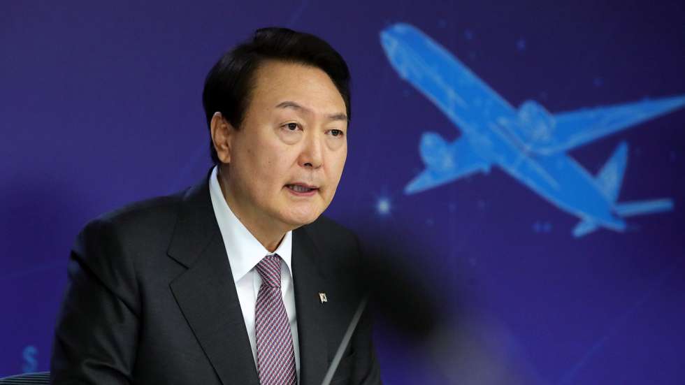 epa10321695 South Korea's President Yoon Suk-yeol speaks during the inaugural meeting of export strategies at the Korea Trade-Investment Promotion Agency in Seoul, South Korea, 23 November 2022.  EPA/YONHAP / POOL SOUTH KOREA OUT