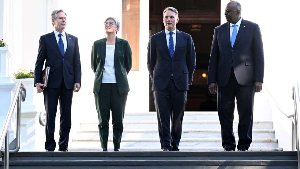 epa10774683 (L-R) US Secretary of State Antony Blinken, Australian Foreign Minister Penny Wong, Australian Defence Minister Richard Marles and US Defence Secretary Lloyd Austin attend a press conference after the Australia-US Ministerial Consultations (AUSMIN) at Government House in Brisbane, Queensland, Australia, 29 July 2023. Australia's ministers of Defence and Foreign Affairs are meeting with their US counterparts for the annual AUSMIN talks.  EPA/DARREN ENGLAND AUSTRALIA AND NEW ZEALAND OUT