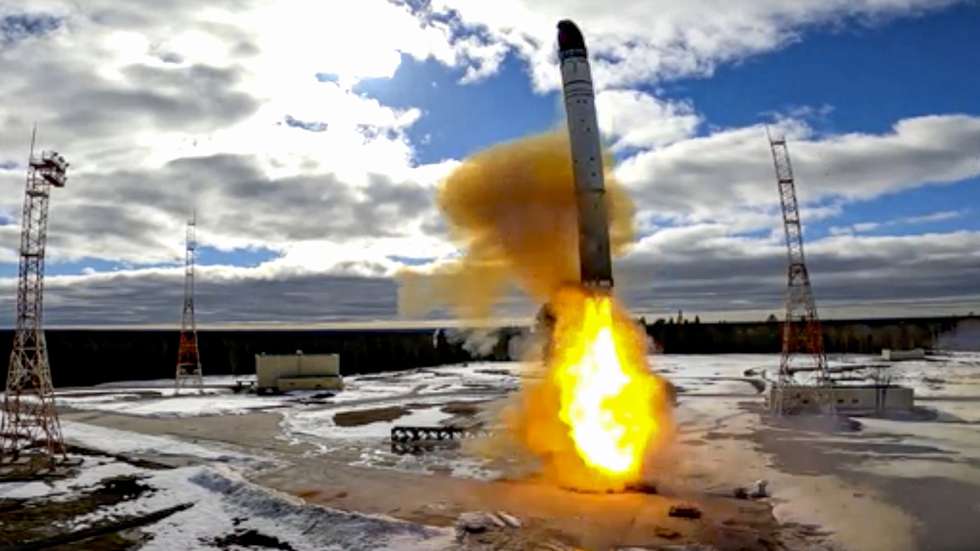 epa09899713 A handout still image taken from handout video made available by the Russian Defence ministry press-service shows launch of the Russian new intercontinental ballistic missile 'Sarmat' on Plesetsk Cosmodrome in Arkhangelsk region, (800 km north of Moscow), Russia, 20 April 2022. The 'Sarmat' missile has unique characteristics that allow it to reliably overcome any existing and future anti-missile defense systems. 'Thanks to the energy-mass characteristics of the missile, the range of its combat equipment has fundamentally expanded both in terms of the number of warheads and types, including planning hypersonic units,' said a statement from the Russian Defense ministry.  EPA/RUSSIAN DEFENCE MINISTRY PRESS SERVICE / HANDOUT  HANDOUT EDITORIAL USE ONLY/NO SALES