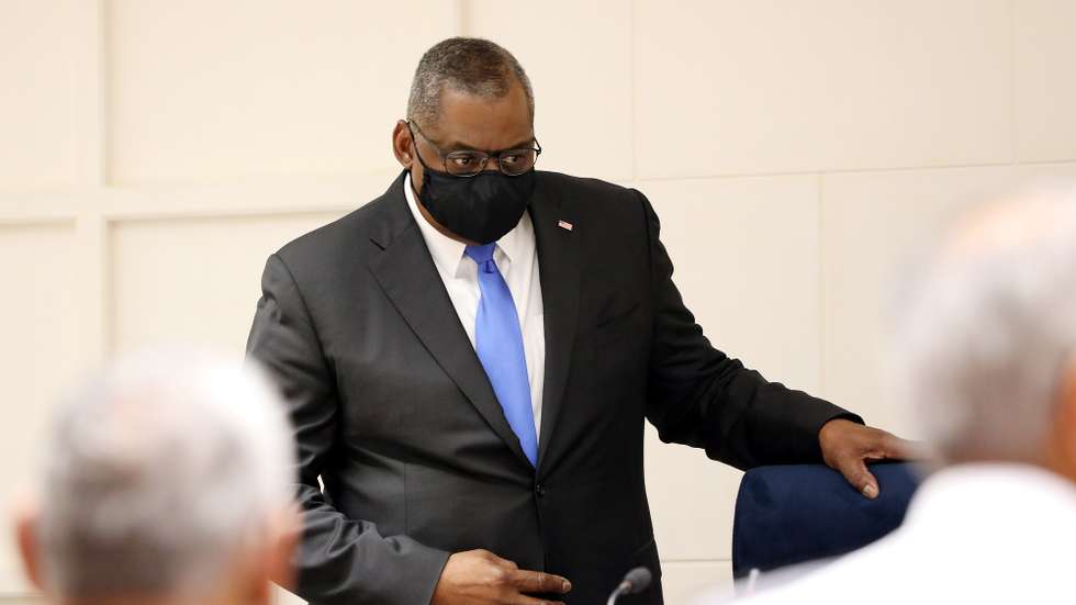 epa09085185 US Defense Secretary Lloyd Austin and Indian Defense Minister Rajnath Singh (not pictured) attend a joint press conference at the Vigyan Bhawan in New Delhi, India, 20 March 2021. Austin arrived in New Delhi to strengthen the ties between the two countries.  EPA/HARISH TYAGI
