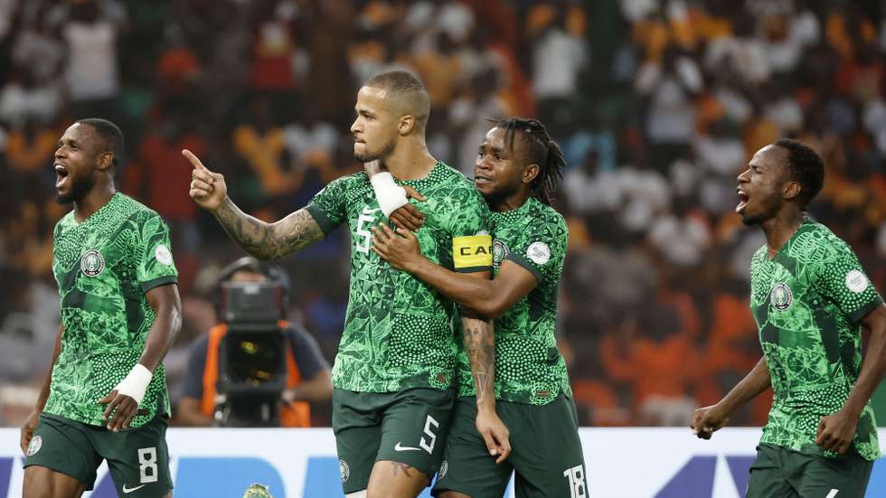 epa11134861 William Troost Ekong of Nigeria celebrates a goal during the CAF 2023 Africa Cup of Nations semi final soccer natch Nigeria vs South Africa held at Peace Stadium in Bouake, Cote D'Ivoire, 07 February 2024.  EPA/Gavin Barker