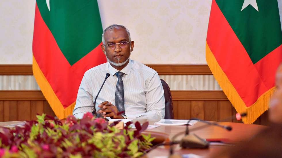 epa11211104 A handout photo made available by the Maldives president office shows Maldives President Mohamed Muizzu (C) attending a cabinet meeting in Male, Maldives, 10 March 2024. According to President Muizzu, the Indian troops and military personnel on one of the three aviation platforms would be withdrawn before 10 March 2024, and the military personnel on the remaining two platforms would be withdrawn before 10 May 2024. The President added that the Maldivian Government has officially communicated that it will not renew the agreement enabling foreign nations to measure and map the Maldivian oceans and coastlines, a press release said.  EPA/MALDIVES PRESIDENT HOUSE HANDOUT  HANDOUT EDITORIAL USE ONLY/NO SALES HANDOUT EDITORIAL USE ONLY/NO SALES