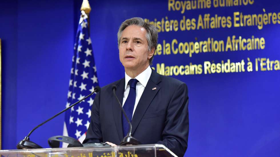 epa09858646 US Secretary of State Antony Blinken during a joint press conference with Moroccan Foreign Minister after a meeting at the Foreign Ministry building in Rabat, Morocco, 29 March 2022. Blinken is visiting Morocco where he is scheduled to have separate meetings with Moroccan Prime Minister Aziz Akhannouch and UAE Crown Prince Sheikh Mohammed bin Zayed Al Nahyan.  EPA/JALAL MORCHIDI