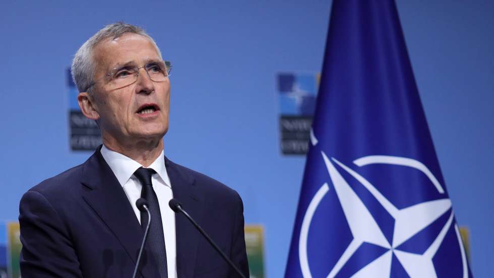 epa10741113 NATO Secretary General Jens Stoltenberg speaks during a joint press conference with Ukraine's president following a bilateral meeting, at the NATO ​summit in Vilnius, Lithuania, 12 July 2023. The North Atlantic Treaty Organization (NATO) Summit takes place in Vilnius on 11 and 12 July 2023 with the alliance's leaders expected to adopt new defense plans.  EPA/TIM IRELAND